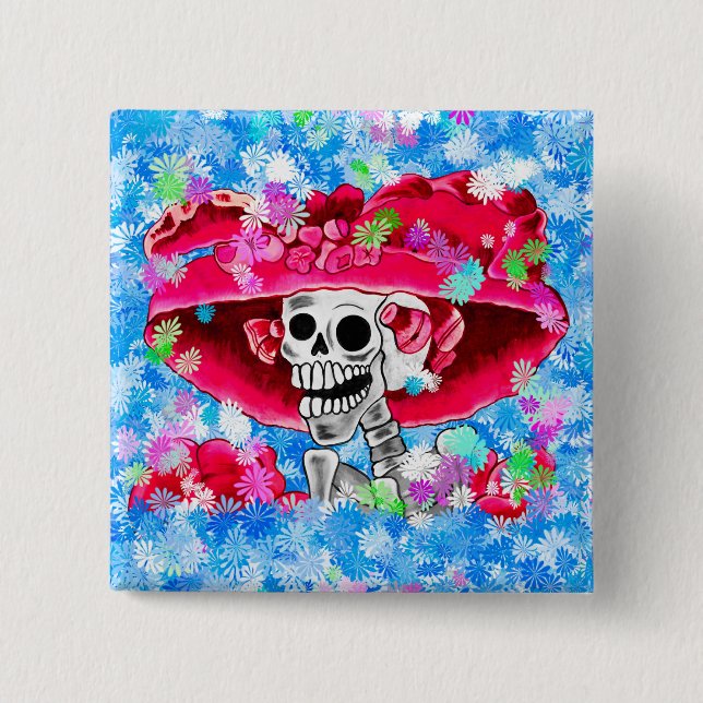 Laughing Skeleton Woman in Red Bonnet 15 Cm Square Badge (Front)