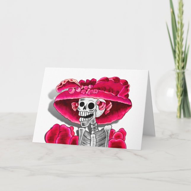 Laughing Skeleton Woman in Red Bonnet Card (Front)
