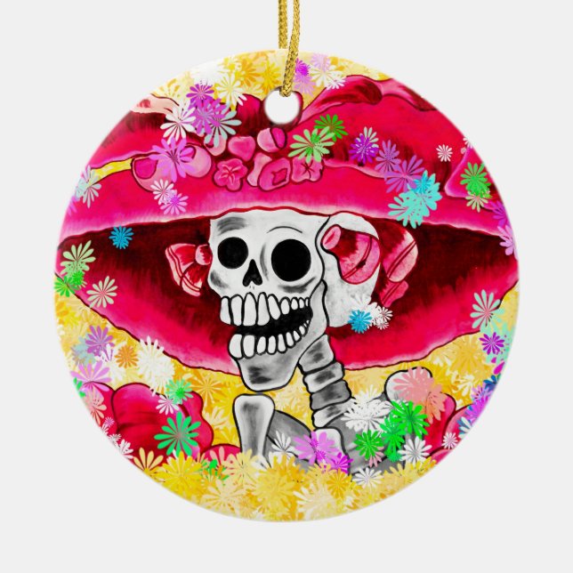 Laughing Skeleton Woman in Red Bonnet Ceramic Tree Decoration (Front)
