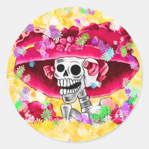 Laughing Skeleton Woman in Red Bonnet Classic Round Sticker