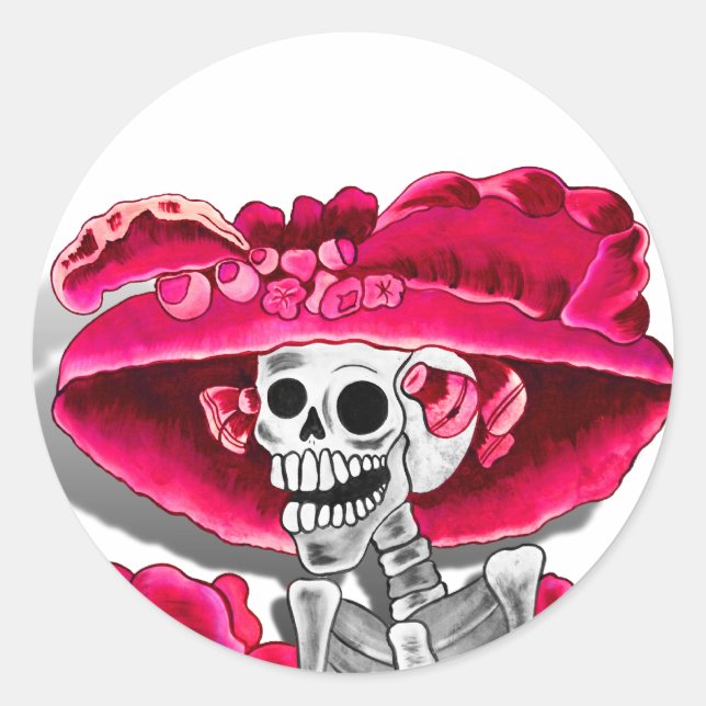 Laughing Skeleton Woman in Red Bonnet Classic Round Sticker (Front)
