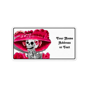 Laughing Skeleton Woman in Red Bonnet Label