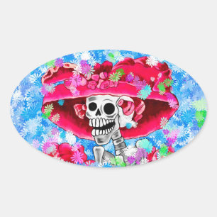 Laughing Skeleton Woman in Red Bonnet on Blue Oval Sticker