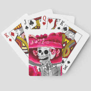 Laughing Skeleton Woman in Red Bonnet Playing Cards