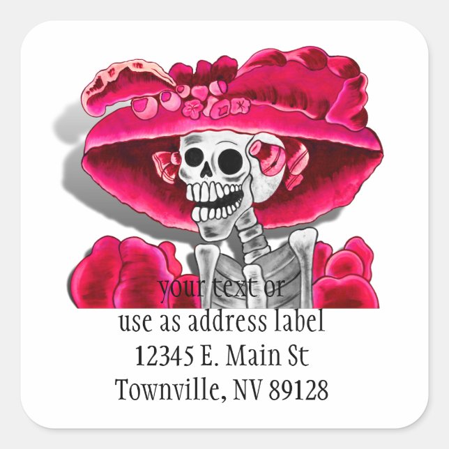 Laughing Skeleton Woman in Red Bonnet Square Sticker (Front)