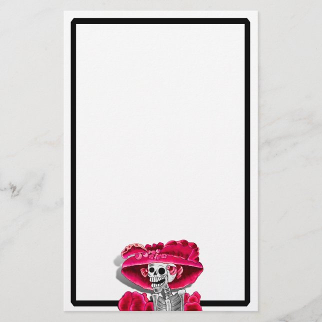 Laughing Skeleton Woman in Red Bonnet Stationery (Front)