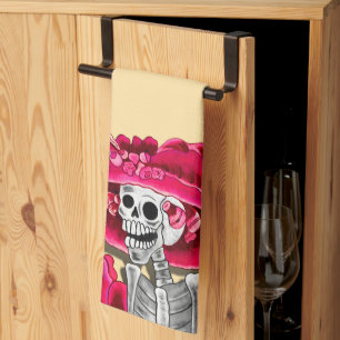 Laughing Skeleton Woman in Red Bonnet Tea Towel