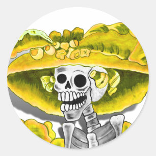 Laughing Skeleton Woman in Yellow Bonnet Classic Round Sticker