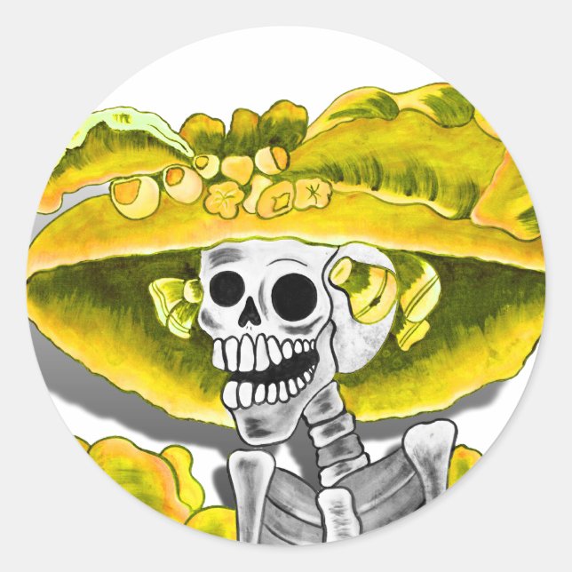 Laughing Skeleton Woman in Yellow Bonnet Classic Round Sticker (Front)