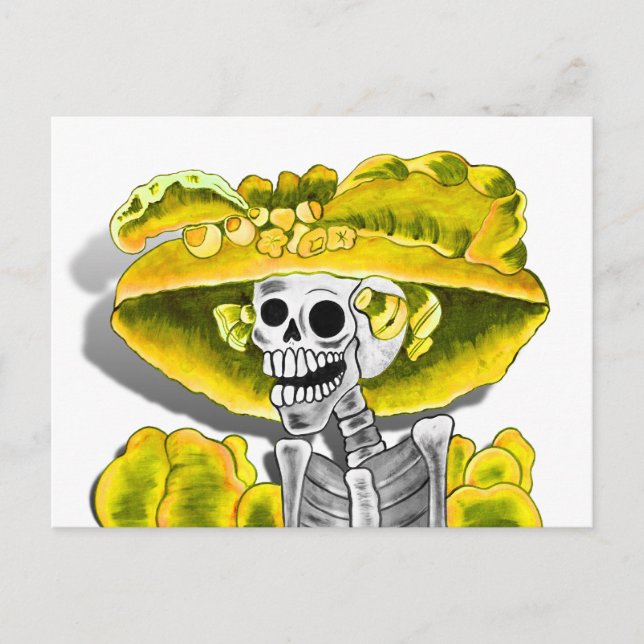 Laughing Skeleton Woman in Yellow Bonnet Postcard (Front)