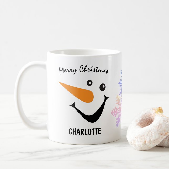 Laughing Snowman With Long Nose, Merry Christmas Coffee Mug (With Donut)