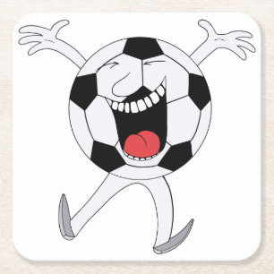 Laughing Soccer Ball Mascot Square Paper Coaster