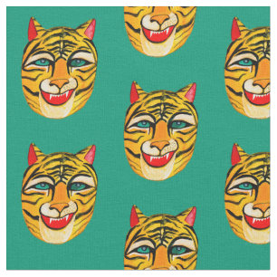 Laughing Tiger Watercolor Green Fabric