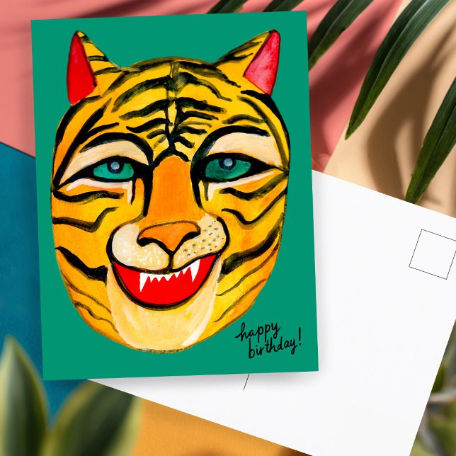 Laughing Tiger Watercolor Happy Birthday Colourful Postcard (Laughing Tiger Watercolor Hand Painted Happy Birthday Postcard
)