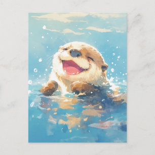 Laughing Watercolor Otter in Blue Sea Postcard