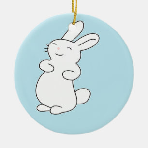 Laughing white bunny on blue ceramic tree decoration