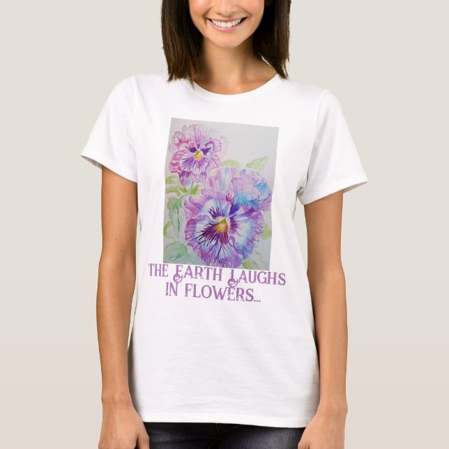 Laughs In Flowers Gardening Pansy Watercolor Viola T-Shirt (Front)