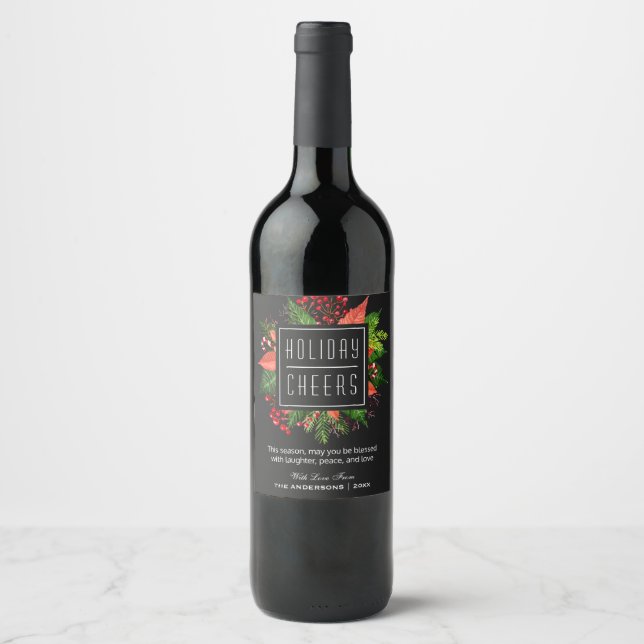 Laughter Peace and Love | Holiday Cheers Floral Wine Label (Front)