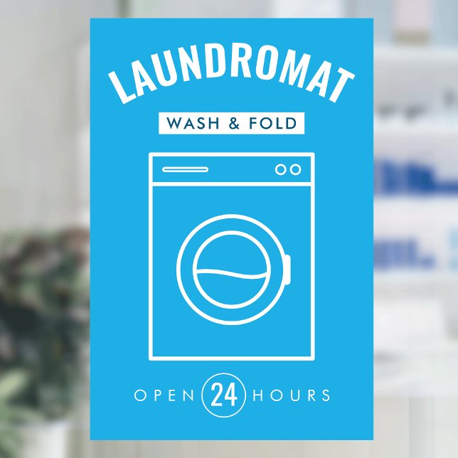 Laundromat 24/7 Wash and Fold Service Blue & White Window Cling (Fully editable modern laundromat window cling sign in blue and white)