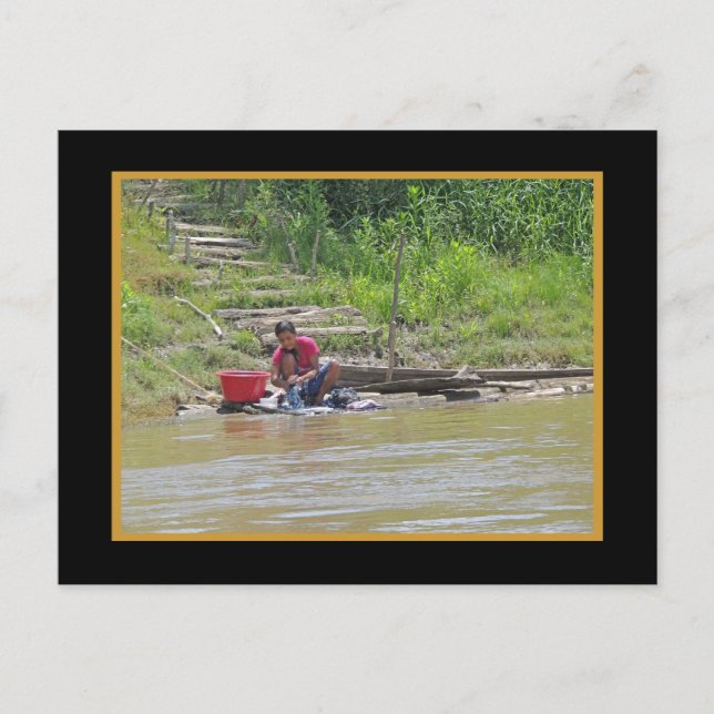 Laundry Day on the River w Faux Mat Postcard (Front)