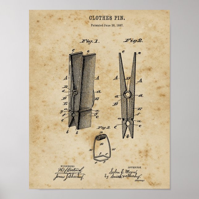 Laundry Decor Wood Clothes Pin Blueprint Art (Front)