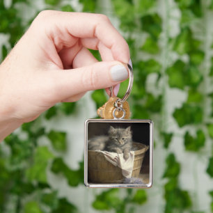 Laundry Or Playtime Grey Kitten Portrait Key Ring