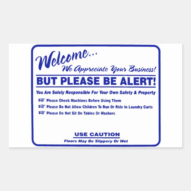 'Laundry Rules Alert' Laundromat Overlay Blue Rectangular Sticker (Front)