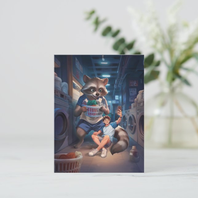 Laundry Time – Selfie with a Giant Racoon Postcard (Standing Front)