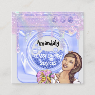 Laundry Washing Cleaning Service QR Code Blue Gray Square Business Card