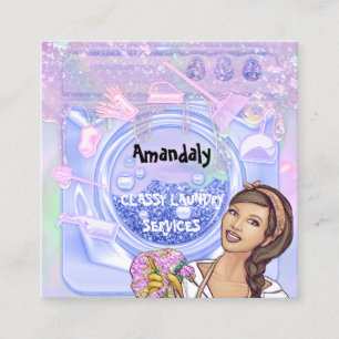 Laundry Washing Cleaning Service QR Code BluePink Square Business Card