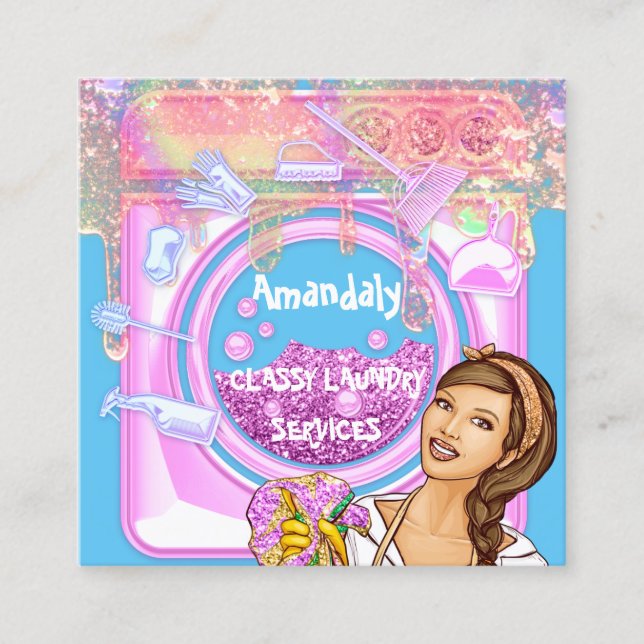 Laundry Washing Cleaning Services QRCode Blue Pink Square Business Card (Front)