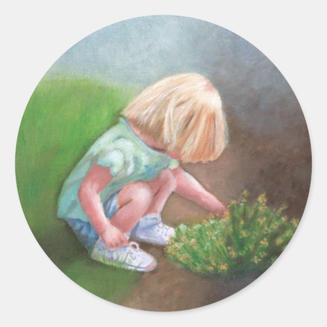 "Laura" oil painting-little girl picking flowers Classic Round Sticker (Front)