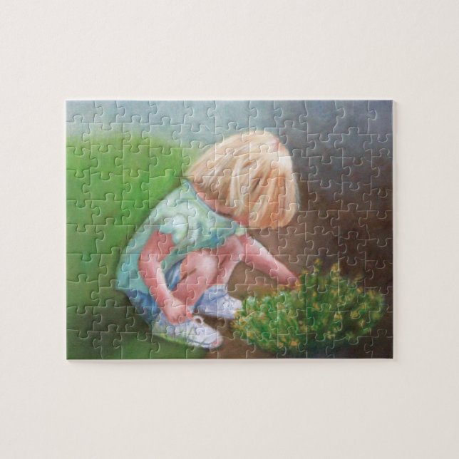 "Laura" oil painting-little girl picking flowers Jigsaw Puzzle (Horizontal)