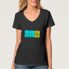 Shirt featuring the name Laura spelled out in symbols of the chemical elements