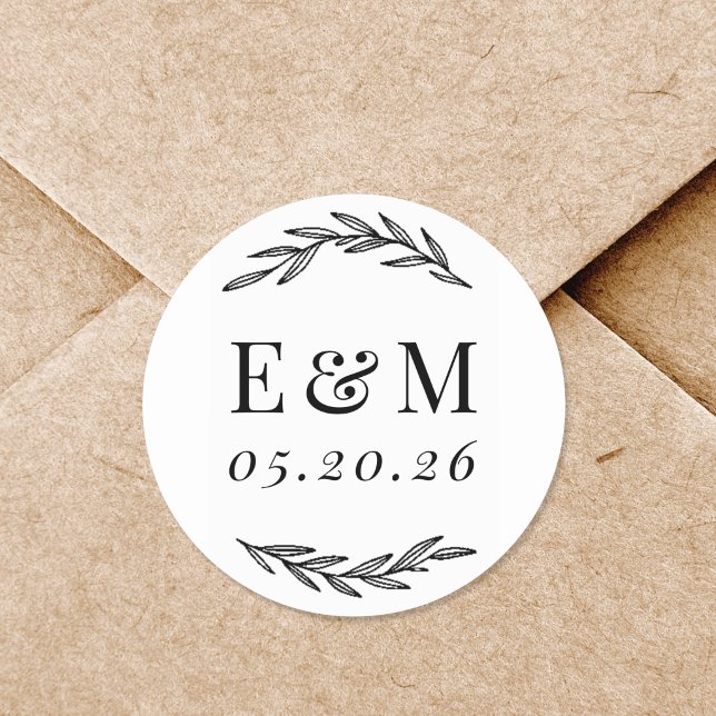 Laurel Branch Monogram Wedding Favor Classic Round Sticker (Creator Uploaded)