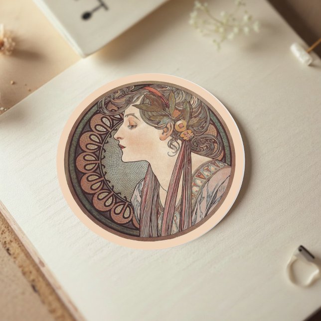  Laurel by Alphonse Mucha Classic  Round Sticker (Creator Uploaded)