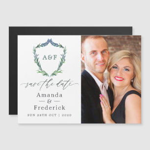 Laurel Crest Leaves Monogram Wedding Save the Date Magnetic Invitation