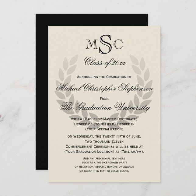 Laurel Crest Monogram Classic College Graduation I Invitation (Front/Back)