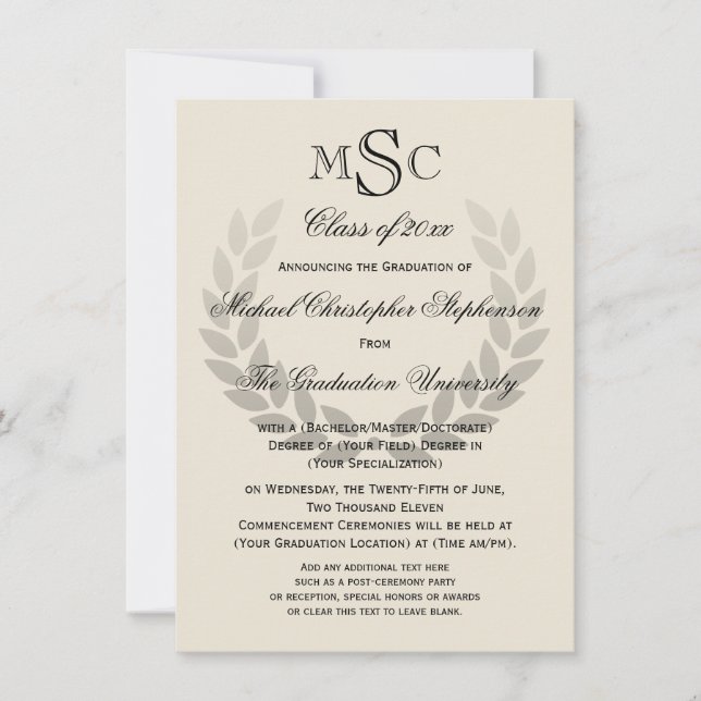 Laurel Crest Monogram Classic College Graduation Invitation (Front)