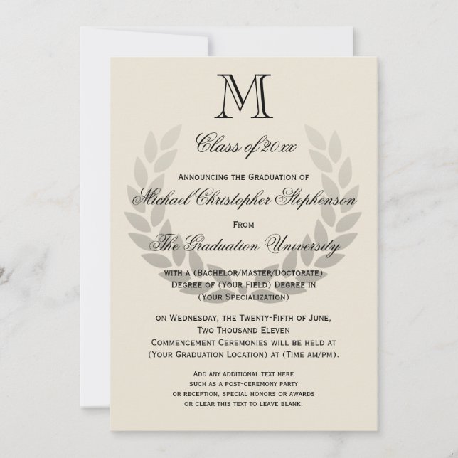 Laurel Crest Monogram Classic College Graduation Invitation (Front)