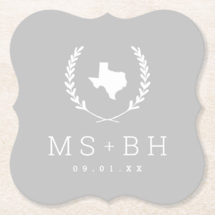 Laurel Crest Texas Wedding Monogram   Grey Paper Coaster