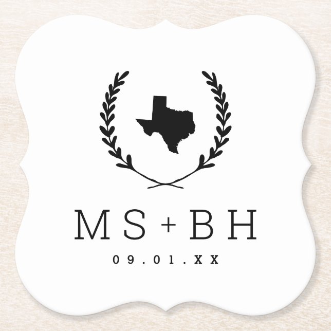 Laurel Crest Texas Wedding Monogram Paper Coaster (Front)