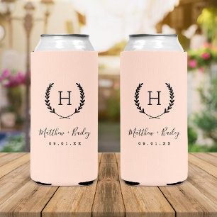 Laurel Crest Wedding Monogram   Blush Pink Seltzer Can Cooler