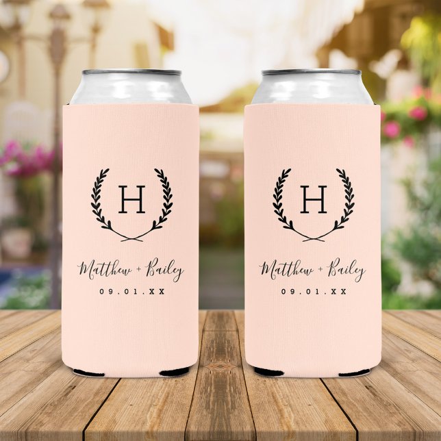 Laurel Crest Wedding Monogram | Blush Pink Seltzer Can Cooler (Creator Uploaded)