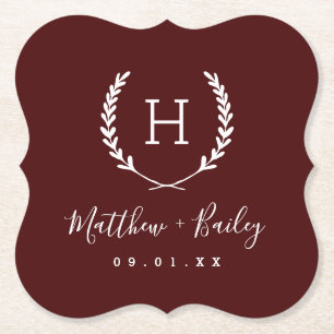 Laurel Crest Wedding Monogram   Burgundy Paper Coaster
