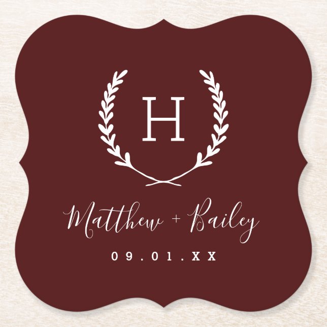 Laurel Crest Wedding Monogram | Burgundy Paper Coaster (Front)