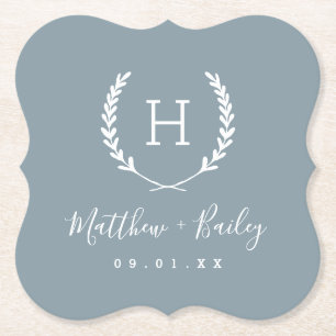 Laurel Crest Wedding Monogram   Dusty Blue Paper Coaster