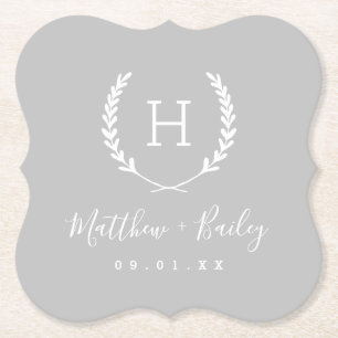 Laurel Crest Wedding Monogram Grey Paper Coaster