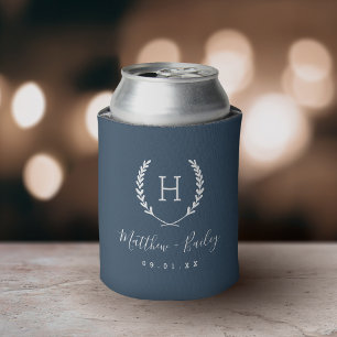 Laurel Crest Wedding Monogram   Lake Blue Can Cooler