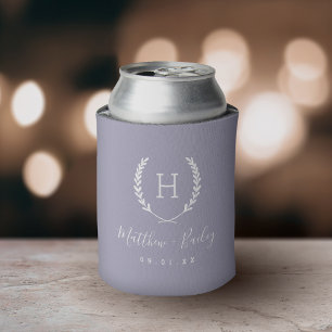 Laurel Crest Wedding Monogram   Lilac Can Cooler